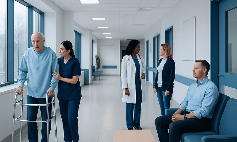 Patients and healthcare professionals in a hospital corridor.