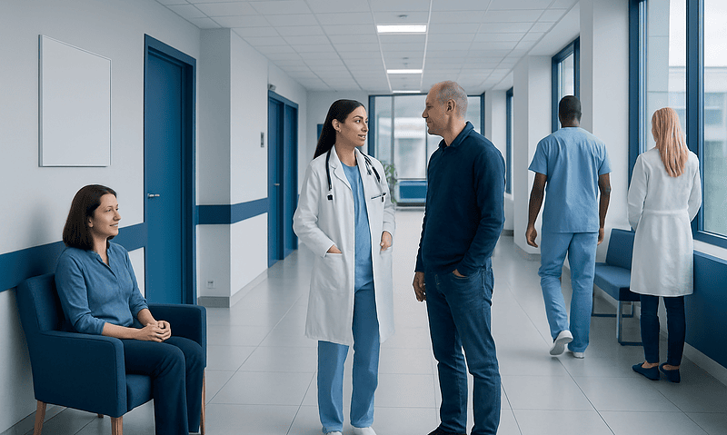 Medical consultation in hospital corridor with healthcare professionals and patient.