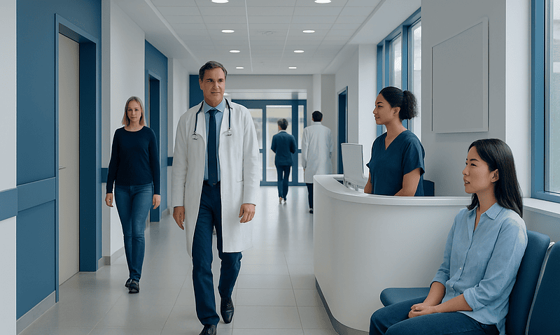 Medical staff and patients in a modern hospital corridor.