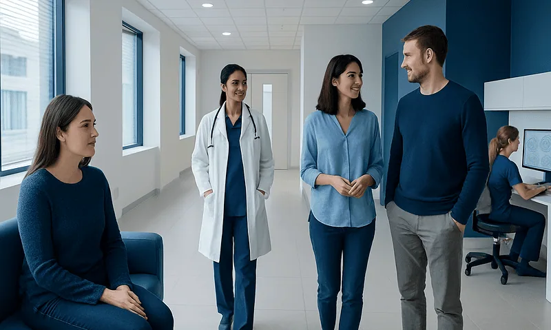 Patients and doctor in a modern IVF clinic discussing treatment options.