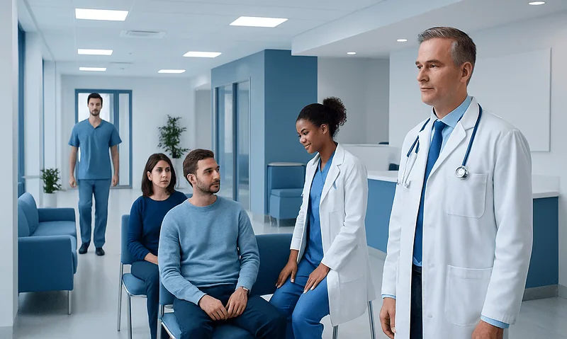 Doctor consulting with patients in a hospital waiting area.