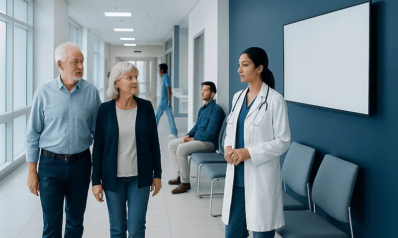 Doctor consulting elderly patients in hospital corridor.