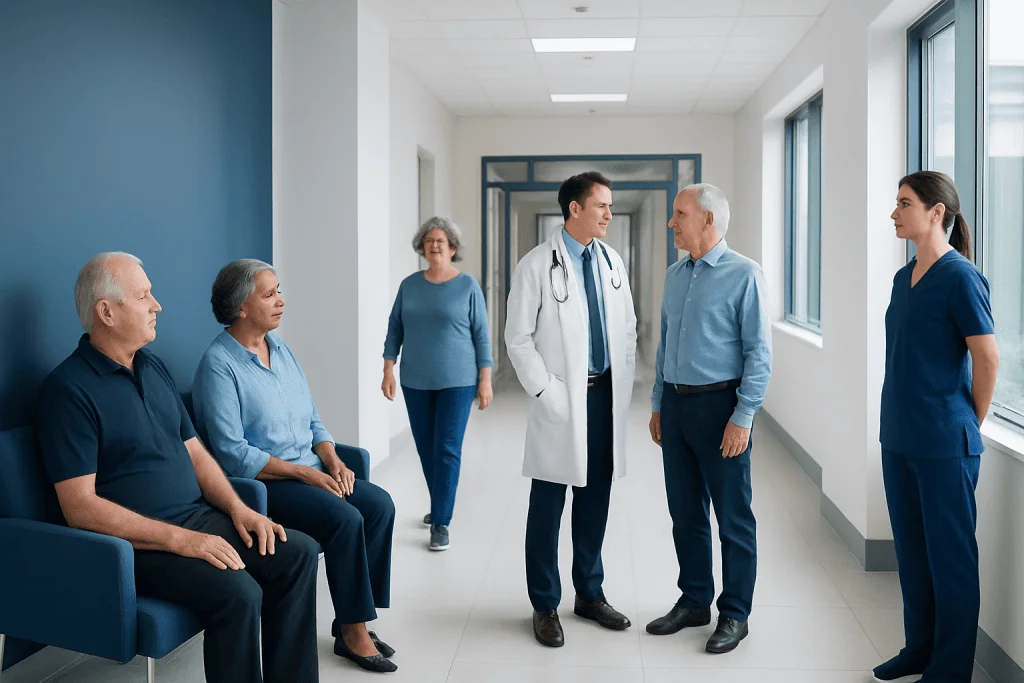 Diabetes and Coronary Bypass Surgery: Special Planning for Safer Recovery 1 Medical team consulting with elderly patients in hospital corridor.