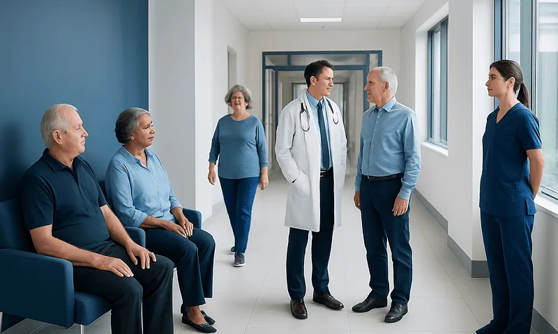 Medical team consulting with elderly patients in hospital corridor.
