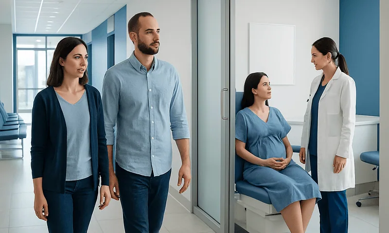 Fertility clinic consultation with a patient and visitors in a hospital corridor.