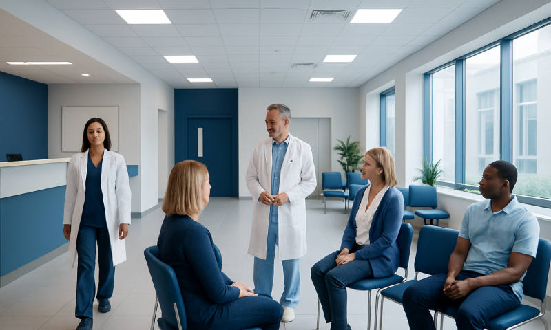 Medical team consulting patients in a modern hospital waiting area.