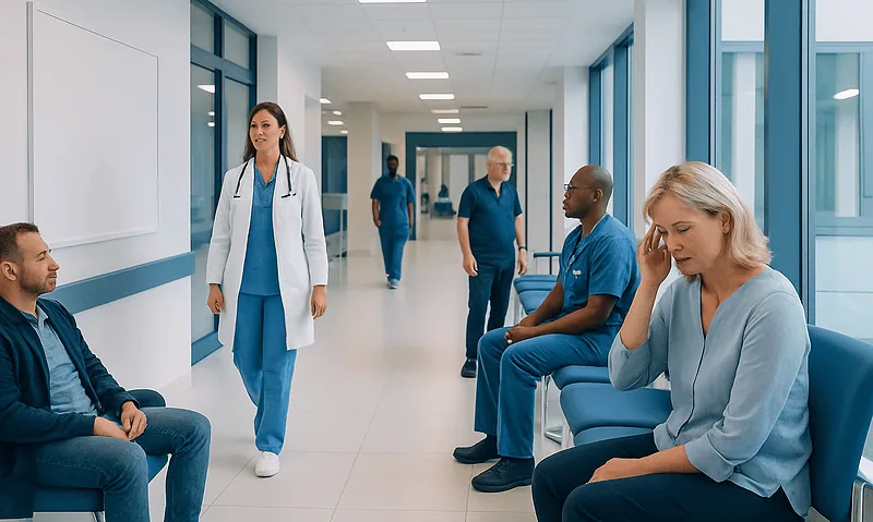 Hospital waiting area with patients and medical staff in a modern healthcare facility.