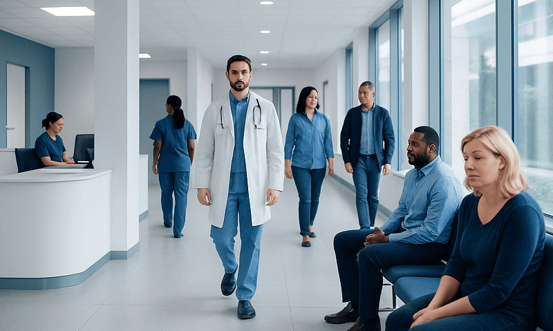 Medical team and patients in a modern hospital corridor.