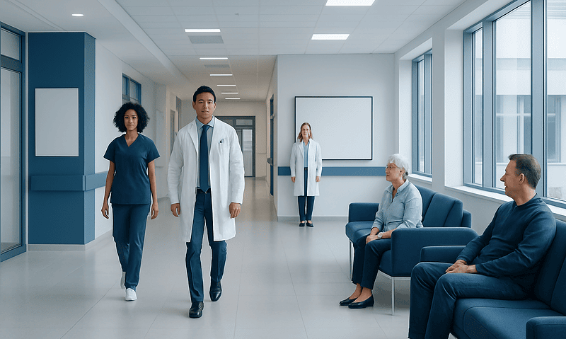 Medical team walking in hospital corridor with patients seated nearby.