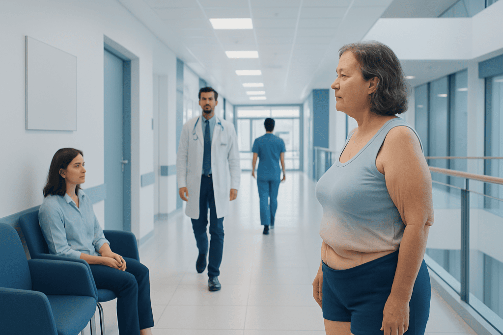 Loose Skin After Major Weight Loss: What to Expect After Bariatric Surgery 1 Senior woman waiting in hospital corridor for consultation or treatment.