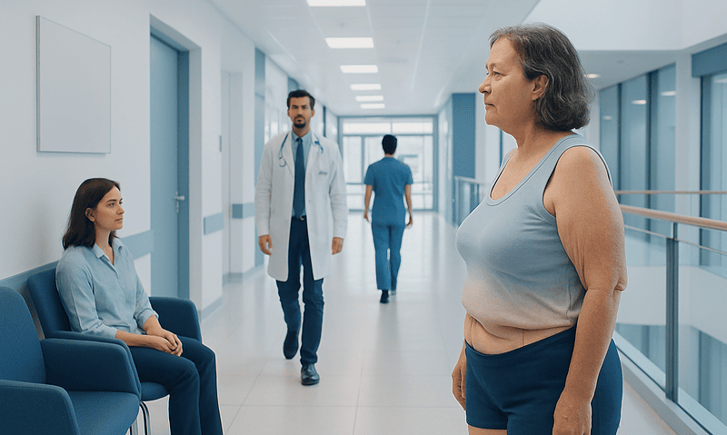 Senior woman waiting in hospital corridor for consultation or treatment.