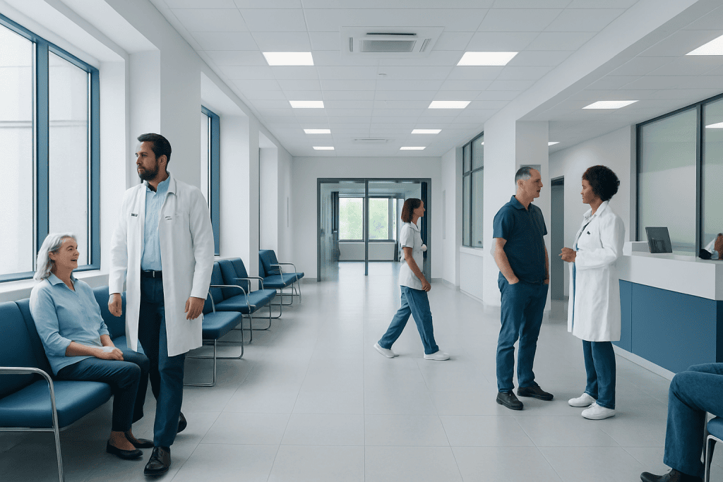 Coronary Bypass Graft Failure: Symptoms, Testing, and Prevention 1 Medical staff and patients in a modern hospital corridor.