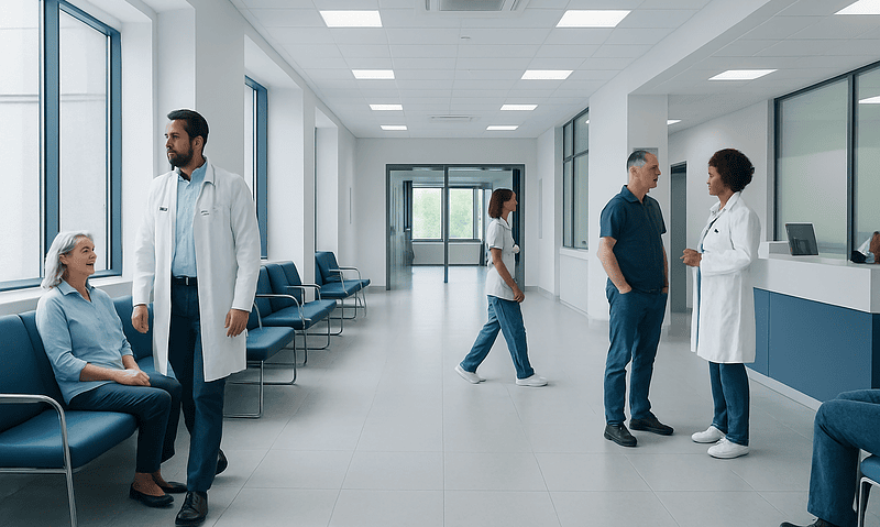 Medical staff and patients in a modern hospital corridor.