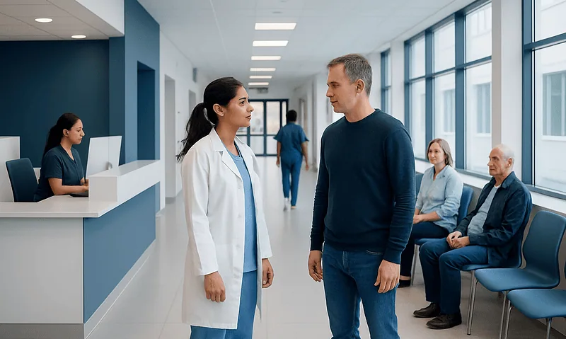 Doctor consulting patient in hospital corridor with waiting area.