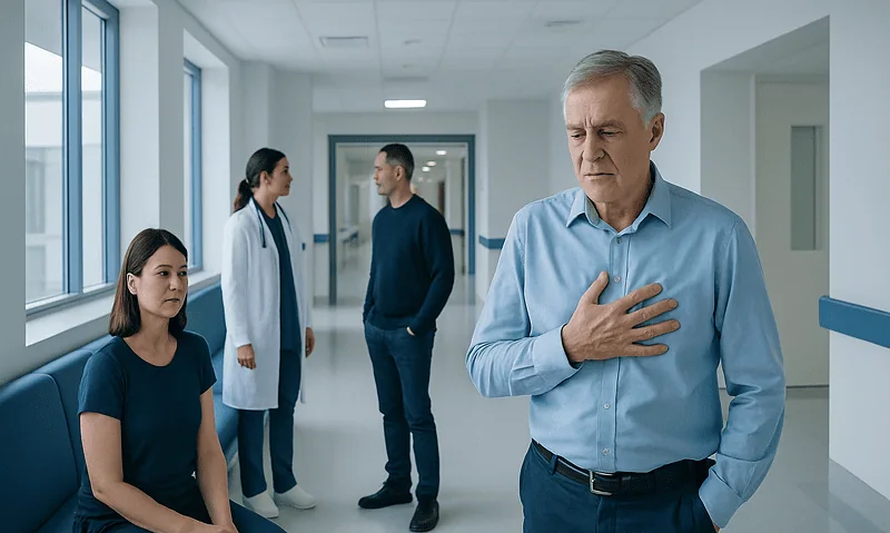 Senior man experiencing chest discomfort in hospital corridor.