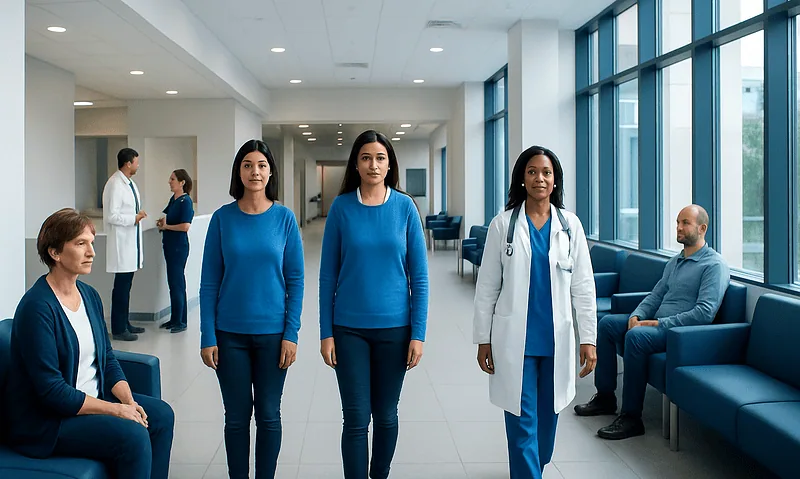 Diverse group of patients and medical staff in hospital waiting area.