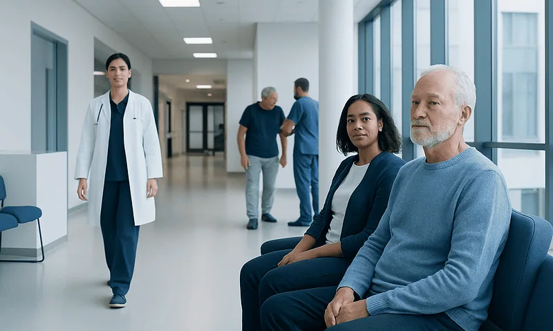 Patients waiting in hospital corridor with medical staff nearby.