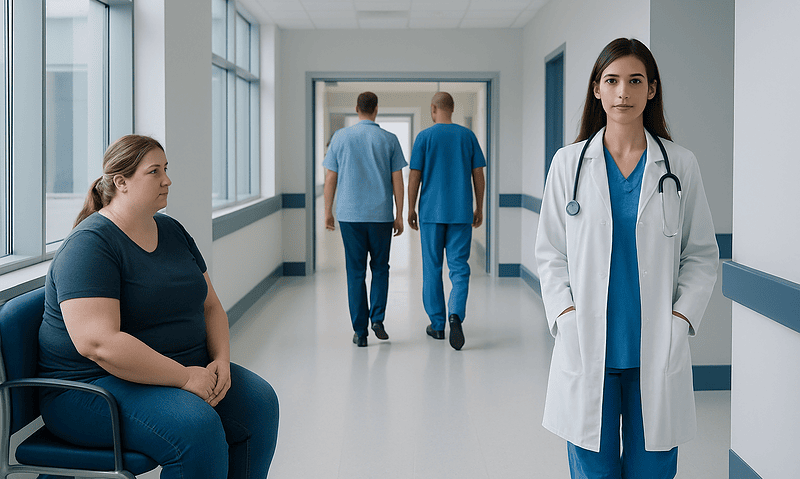 Medical staff and patient in hospital corridor at Acibadem Hospitals Group.