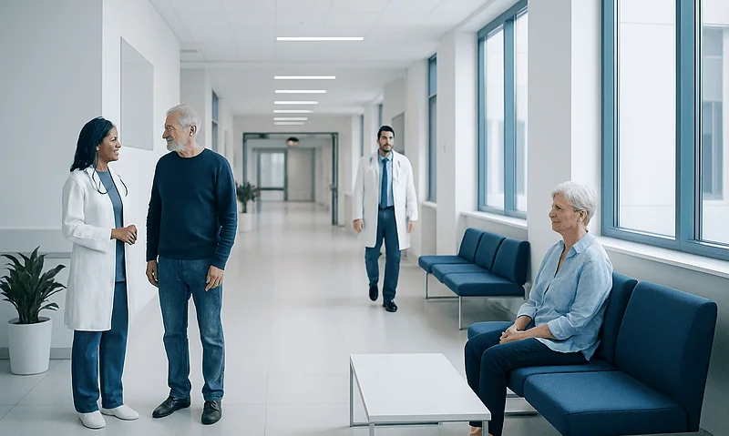 Medical consultation in a modern hospital corridor with patients and doctors.