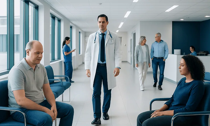Medical consultation in a modern hospital corridor with patients and doctors.