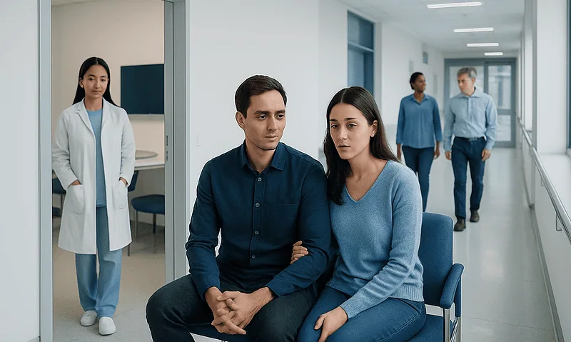 Couple waiting in a hospital corridor with medical staff nearby.