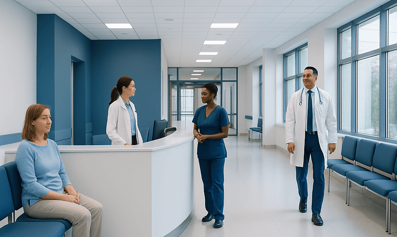 Medical staff and patient in a hospital corridor at Acibadem Hospitals Group.
