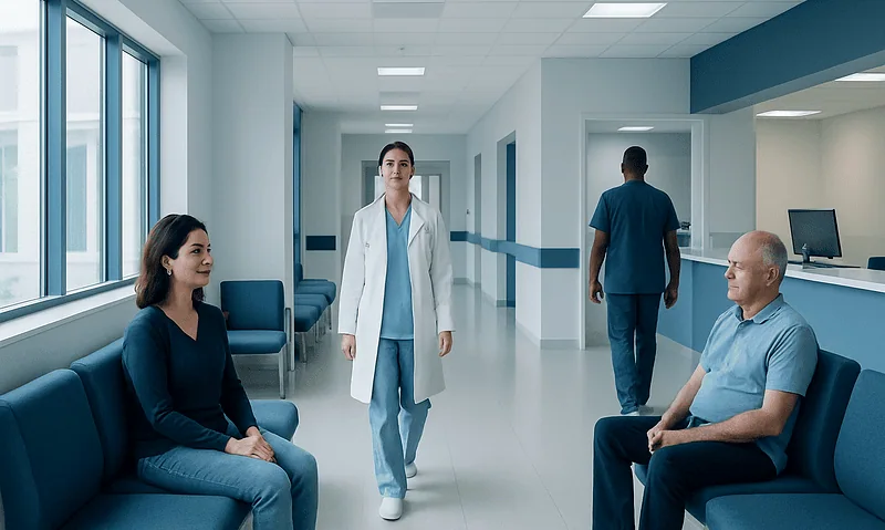 Medical consultation in a hospital corridor with patients and healthcare professionals.