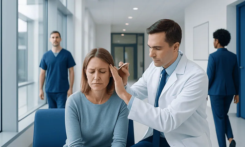 Doctor administering Botox treatment to a woman with migraine symptoms.