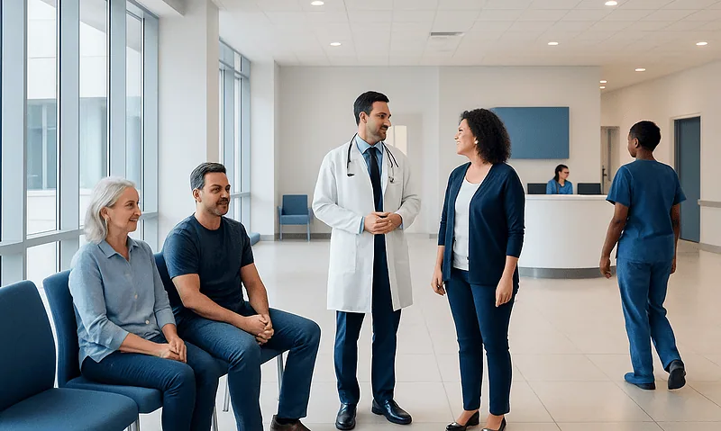 Medical team consulting with patient in hospital lobby at Acibadem Hospitals Group.