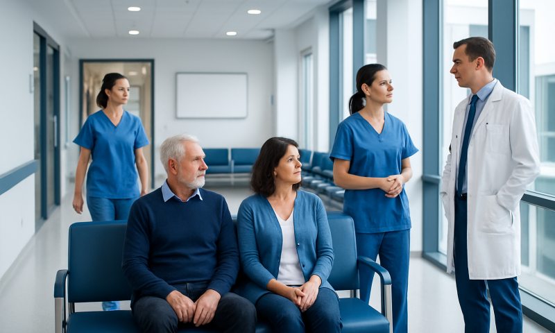 Medical team consulting with patients in hospital corridor.