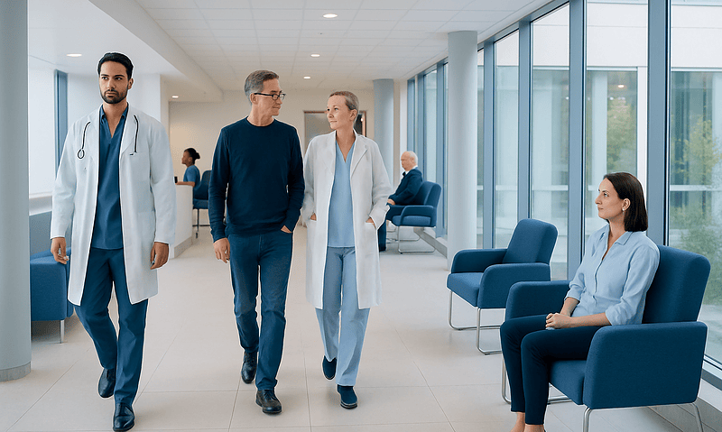 Medical professionals and patient in a hospital corridor at Acibadem Hospitals Group.