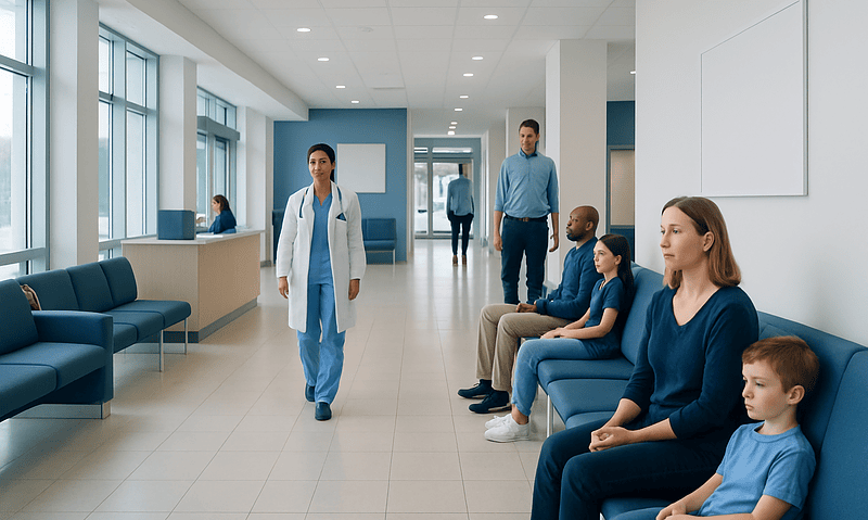 Hospital waiting area with medical staff and children patients.