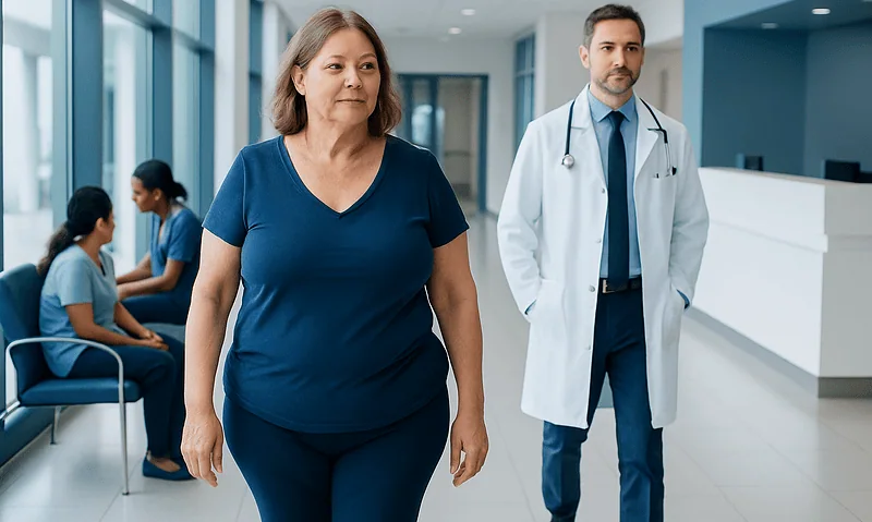 Patient walking in hospital corridor with medical staff and other patients in background.