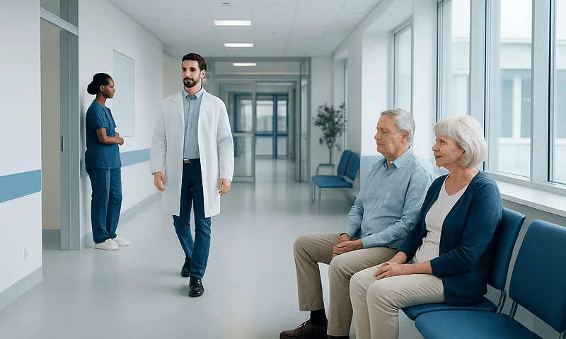 Cardiologist consulting with elderly patients in hospital corridor.