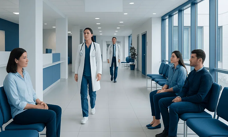 Medical consultation in a modern hospital corridor with patients and doctors.
