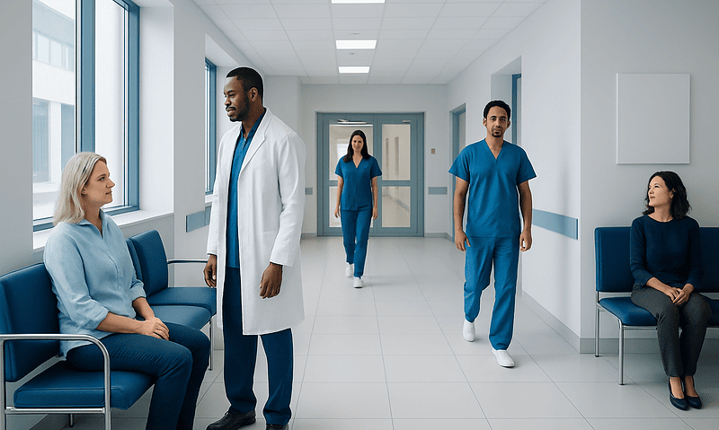 Medical professionals and patients in a hospital corridor.