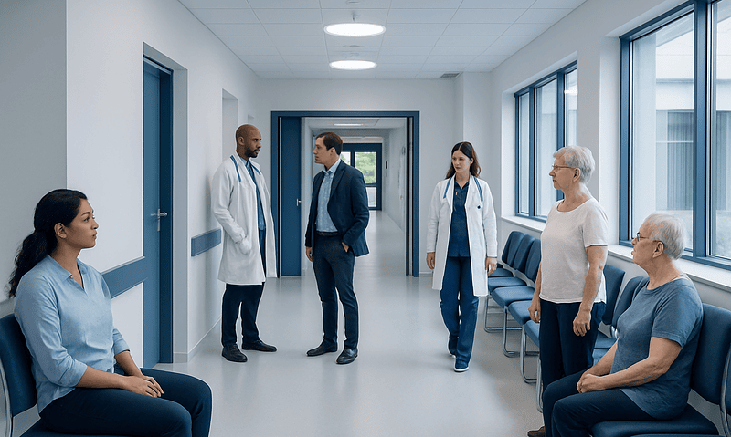 Hospital corridor with medical staff and patients in a modern healthcare facility.