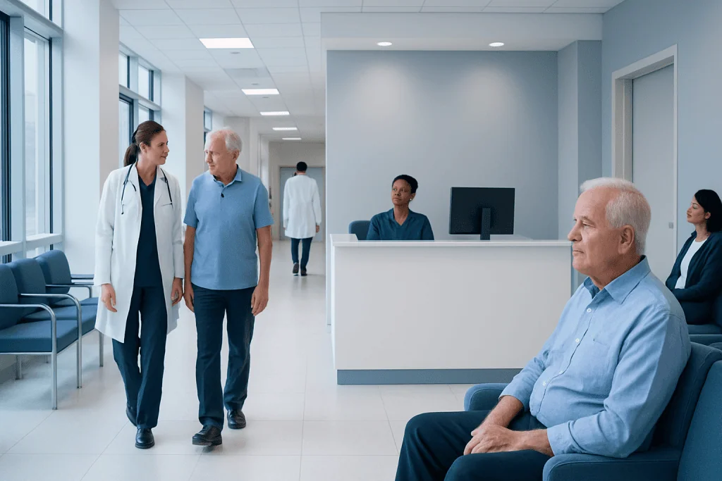 Left Main Coronary Artery Disease: When Bypass Surgery Is Considered 1 Patients and healthcare professionals in a hospital corridor.