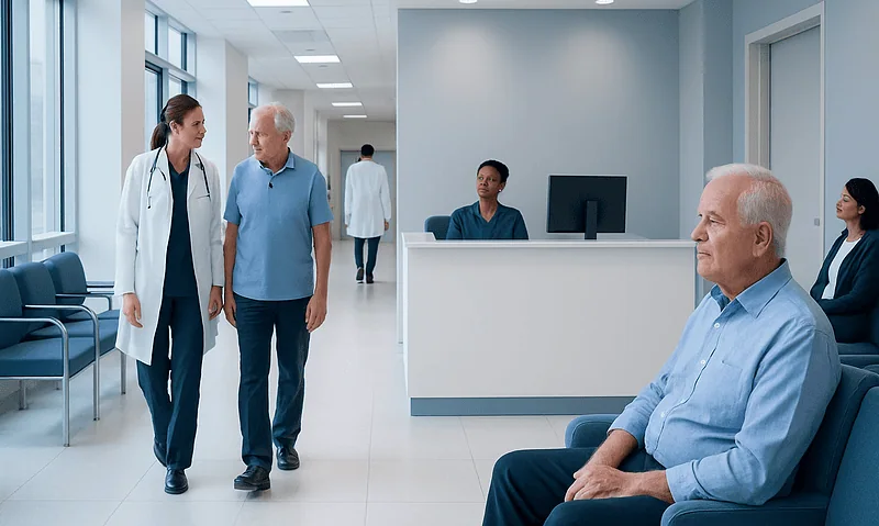 Patients and healthcare professionals in a hospital corridor.