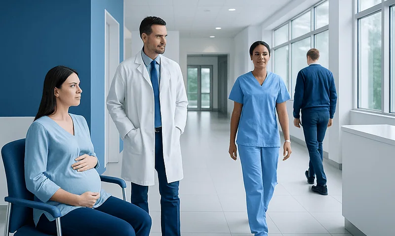 Pregnant woman in hospital corridor with medical staff and visitor.