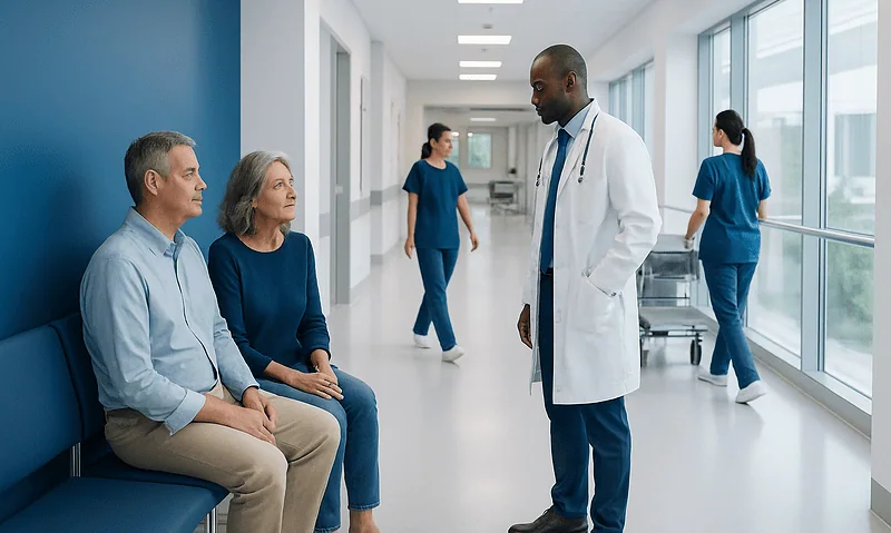 Doctor consulting with elderly couple in hospital corridor.