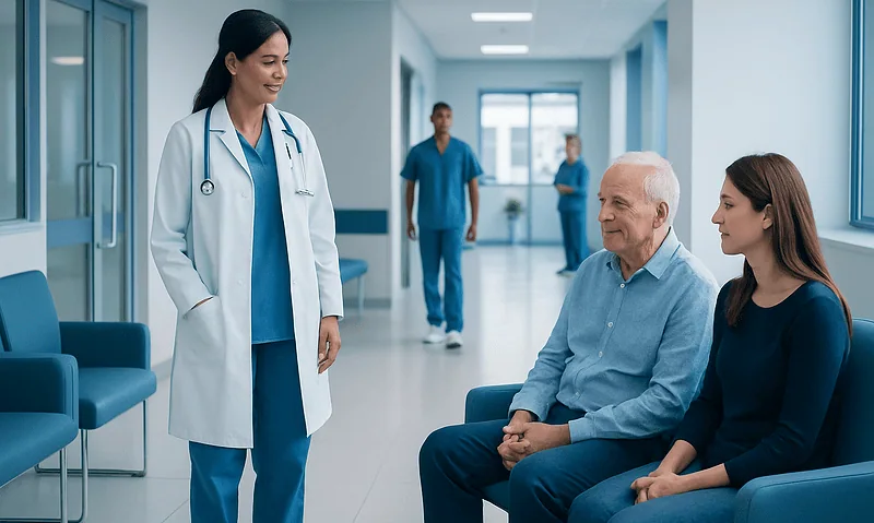 Doctor talking to heart surgery patient and visitor in hospital corridor.