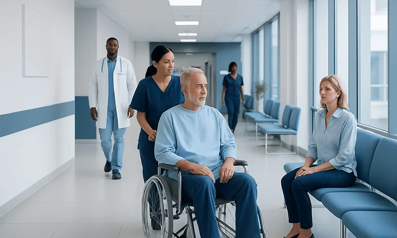 Patient in wheelchair with medical staff in hospital corridor.