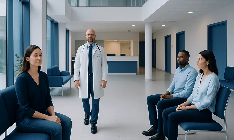 Doctor consulting with patients in a modern hospital waiting area.