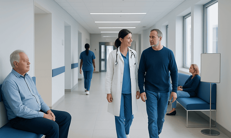 Cardiologist consulting with a patient in a hospital corridor.