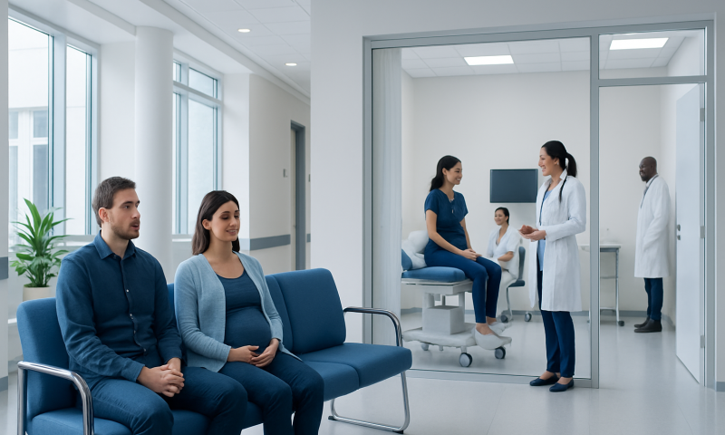 Patients in a fertility clinic waiting area and consultation room at Acibadem Hospitals Group.