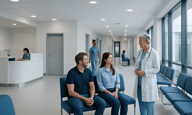 Doctor consulting with patients in a modern hospital waiting area.