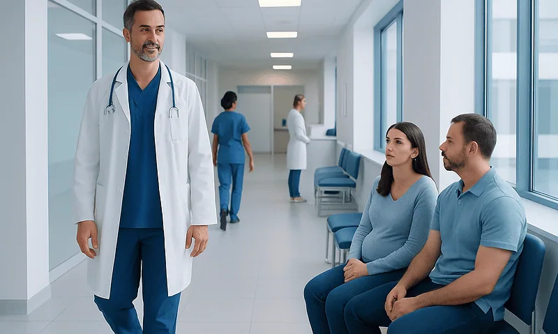 Doctor talking to patients in a modern hospital corridor.