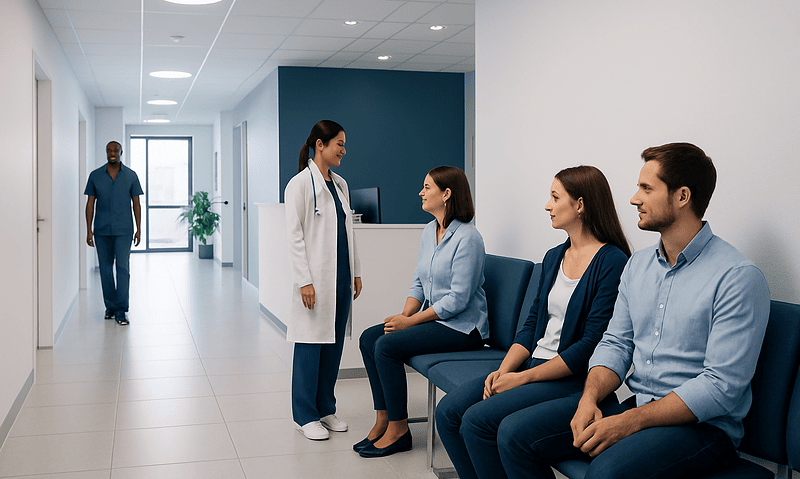 Medical consultation at a modern fertility clinic with a doctor and patients.