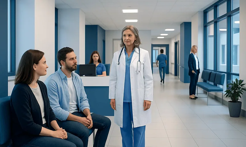 Doctor consulting patients in a hospital corridor.